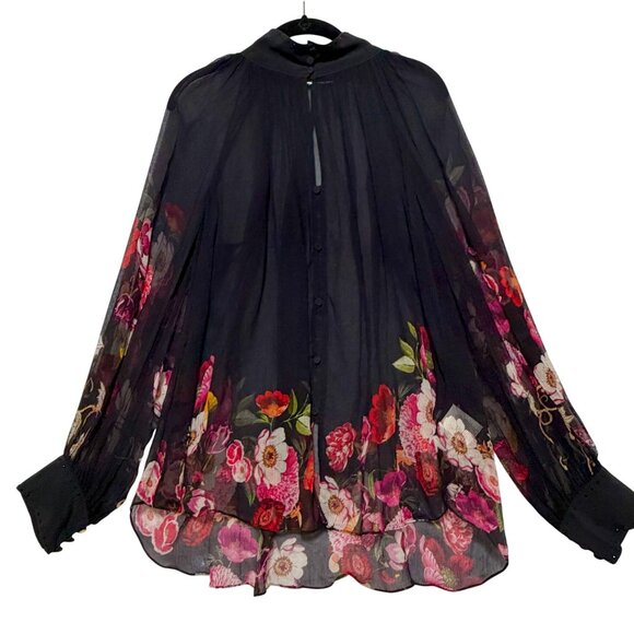 Camilla Mirror Mirror Raglan Button Up Shirt Black Floral Sheer Silk Blouse Sz L - Picture 4 of 16